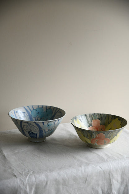 Pair Glazed Stoneware Floral Studio Pottery Bowls