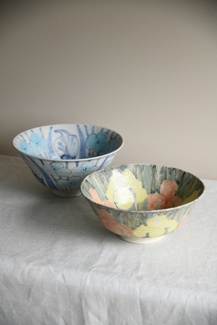 Pair Glazed Stoneware Floral Studio Pottery Bowls