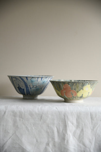 Pair Glazed Stoneware Floral Studio Pottery Bowls