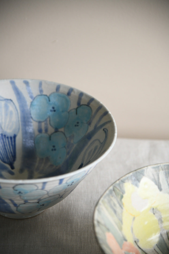 Pair Glazed Stoneware Floral Studio Pottery Bowls