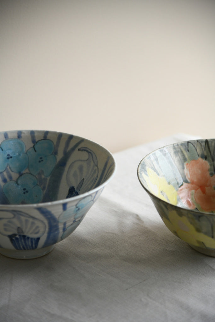 Pair Glazed Stoneware Floral Studio Pottery Bowls