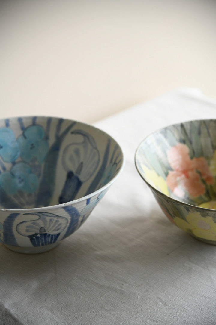 Pair Glazed Stoneware Floral Studio Pottery Bowls