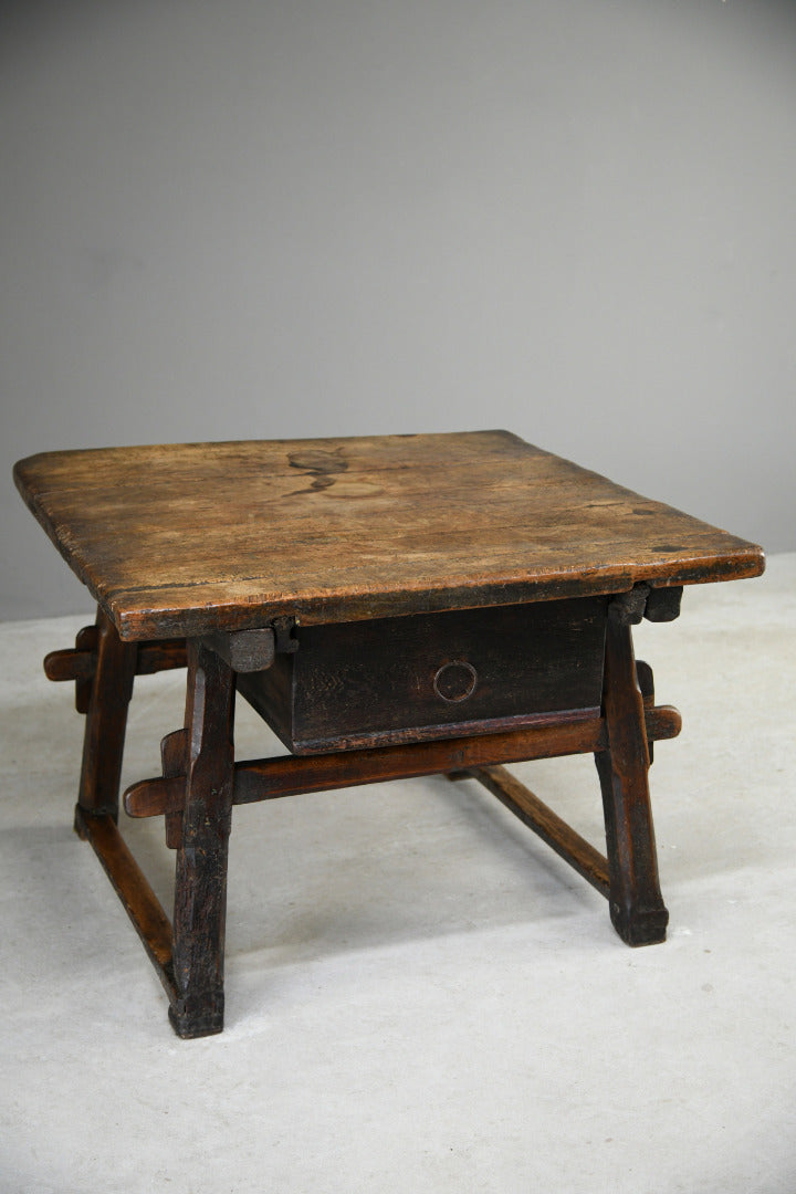 Early Antique European Rustic Square Trestle Tavern Kitchen Table