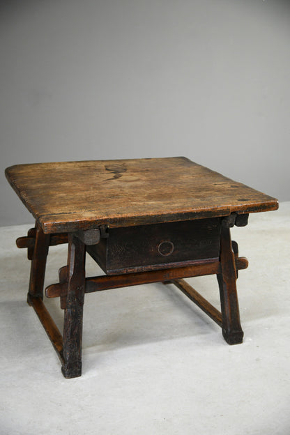 Early Antique European Rustic Square Trestle Tavern Kitchen Table
