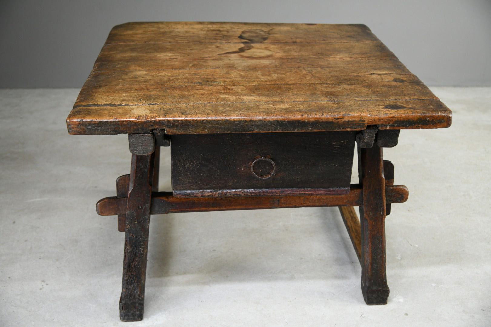 Early Antique European Rustic Square Trestle Tavern Kitchen Table