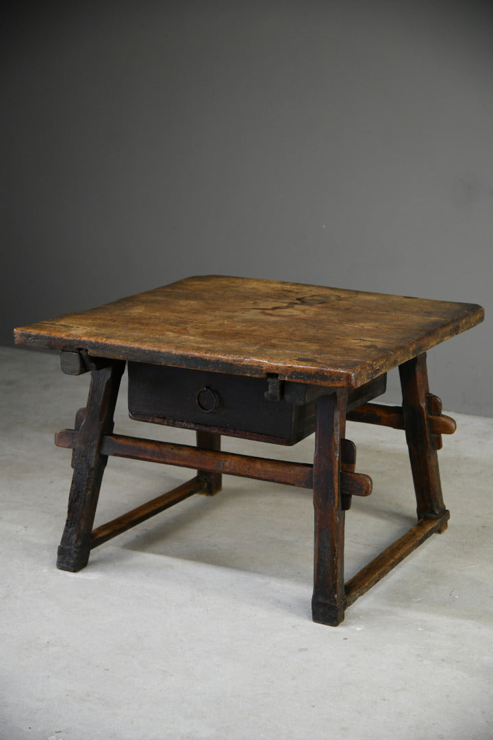 Early Antique European Rustic Square Trestle Tavern Kitchen Table