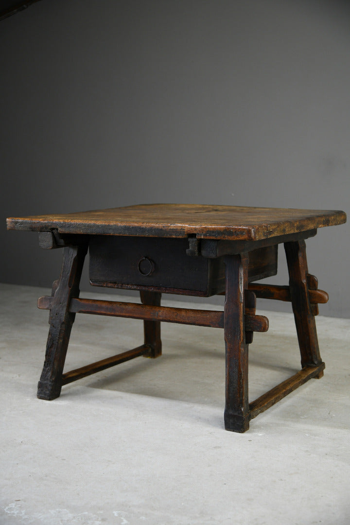 Early Antique European Rustic Square Trestle Tavern Kitchen Table