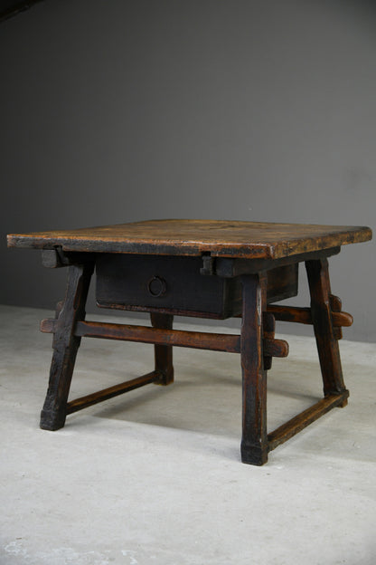 Early Antique European Rustic Square Trestle Tavern Kitchen Table