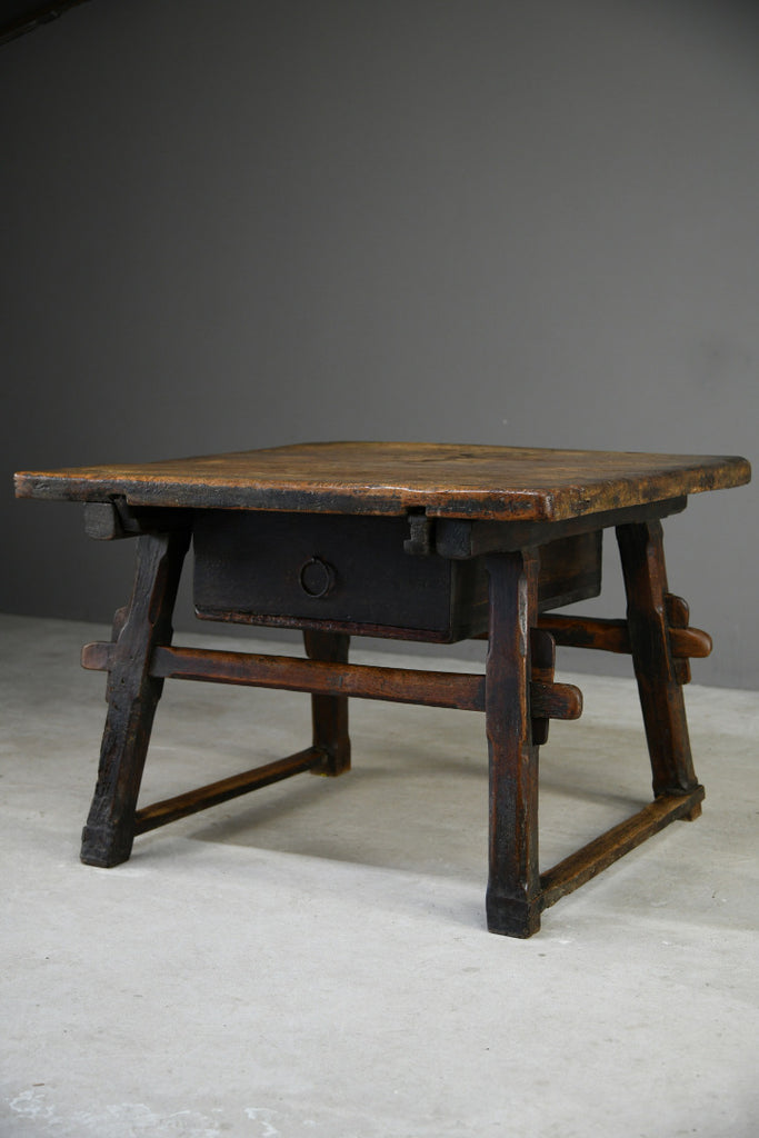 Early Antique European Rustic Square Trestle Tavern Kitchen Table
