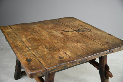 Early Antique European Rustic Square Trestle Tavern Kitchen Table