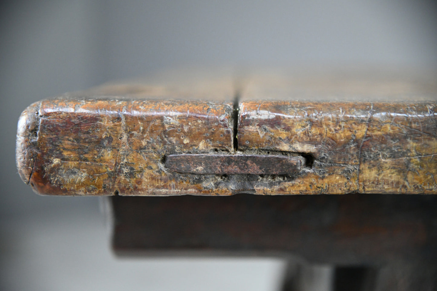 Early Antique European Rustic Square Trestle Tavern Kitchen Table