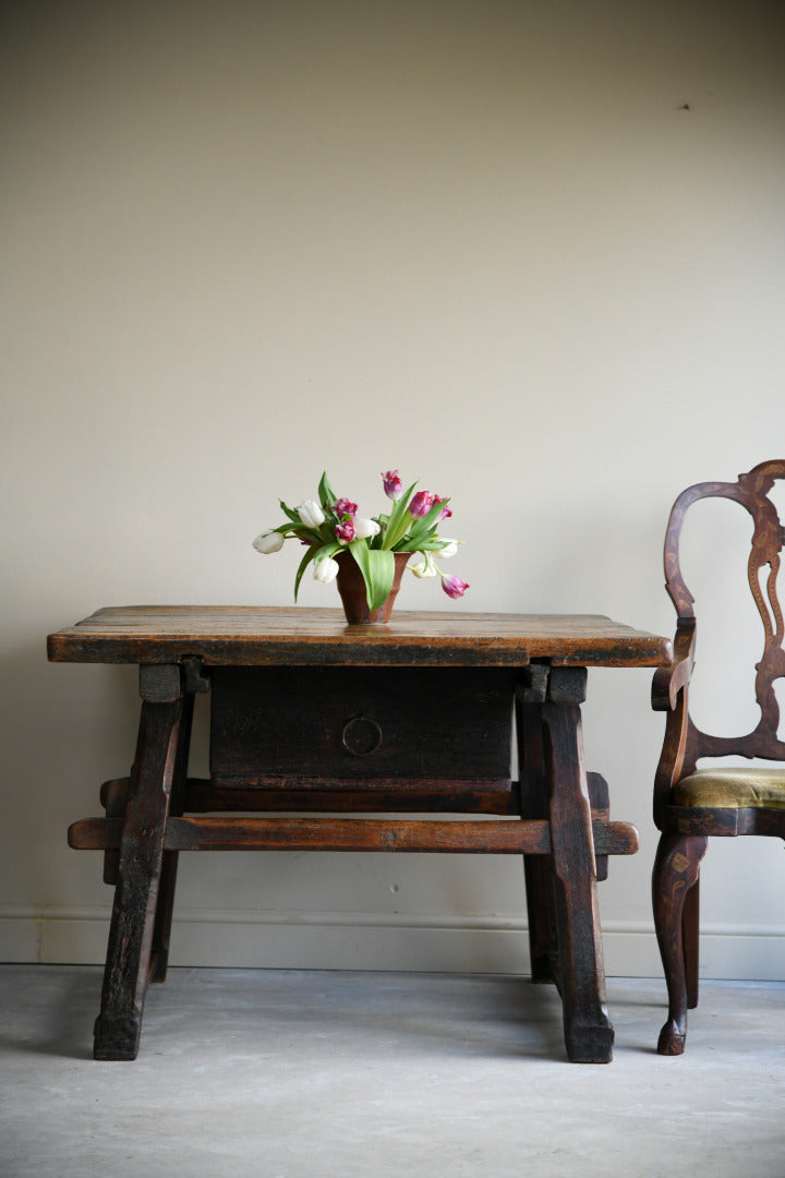 Early Antique European Rustic Square Trestle Tavern Kitchen Table