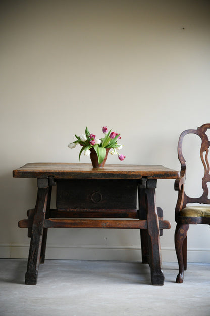 Early Antique European Rustic Square Trestle Tavern Kitchen Table