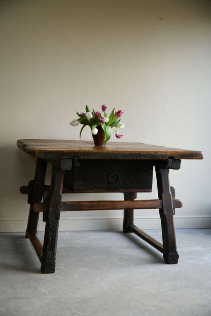 Early Antique European Rustic Square Trestle Tavern Kitchen Table