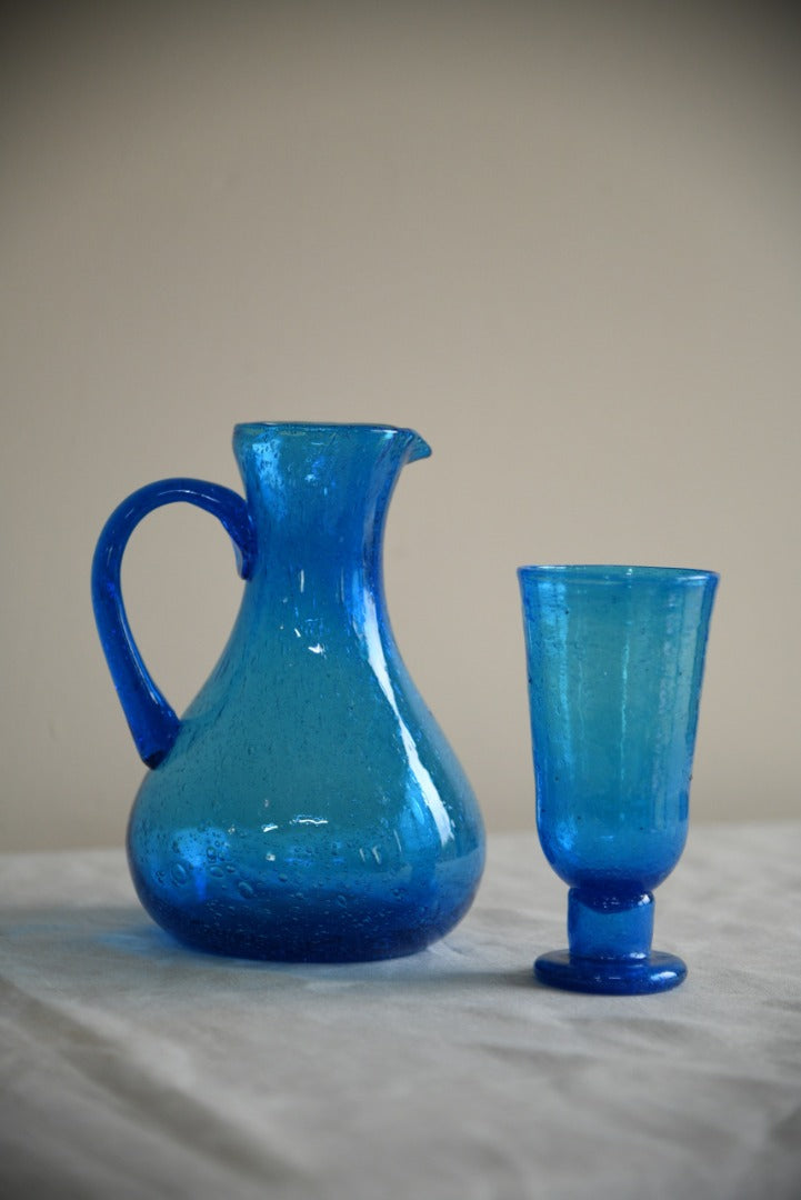 Blue Crackle Glass Jug & Goblet