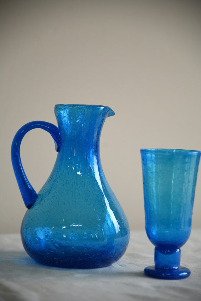 Blue Crackle Glass Jug & Goblet