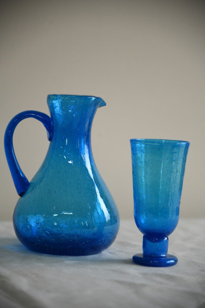 Blue Crackle Glass Jug & Goblet