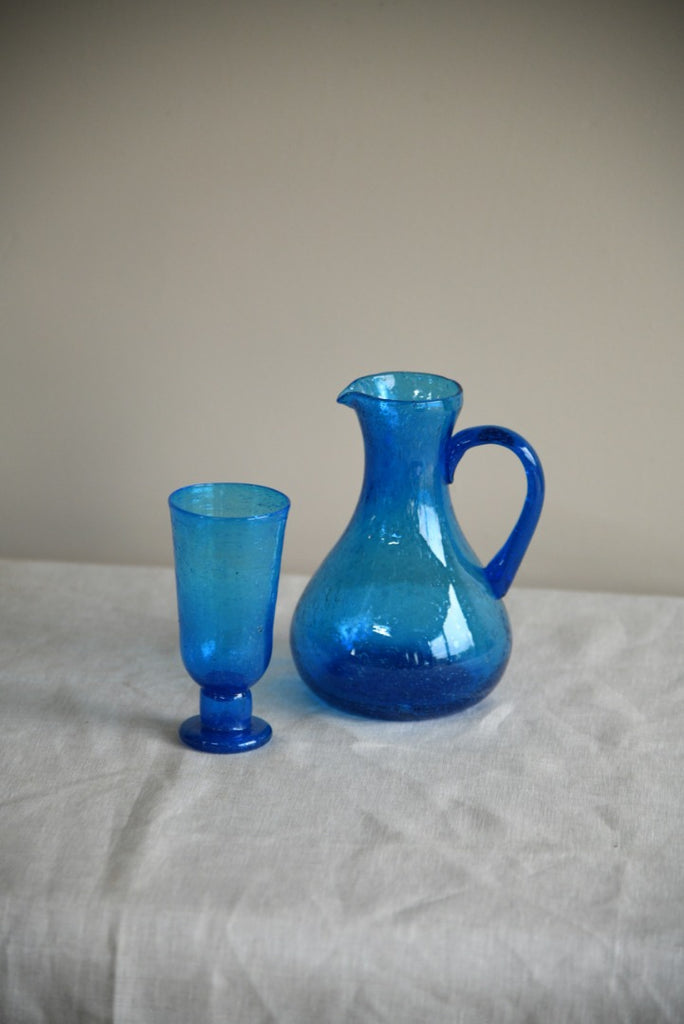 Blue Crackle Glass Jug & Goblet