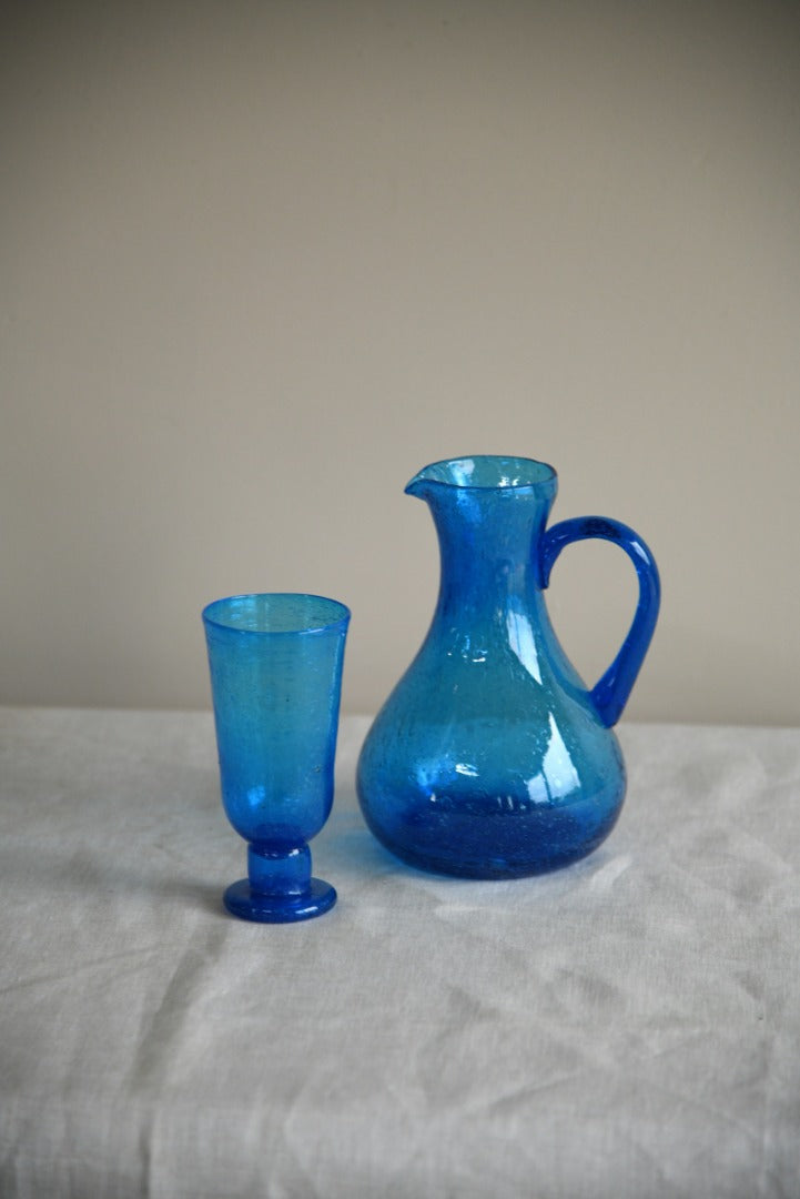 Blue Crackle Glass Jug & Goblet