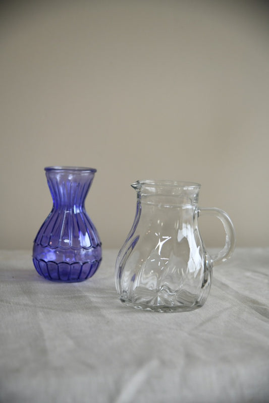 Purple Glass Hyacinth Vase and Clear Jug