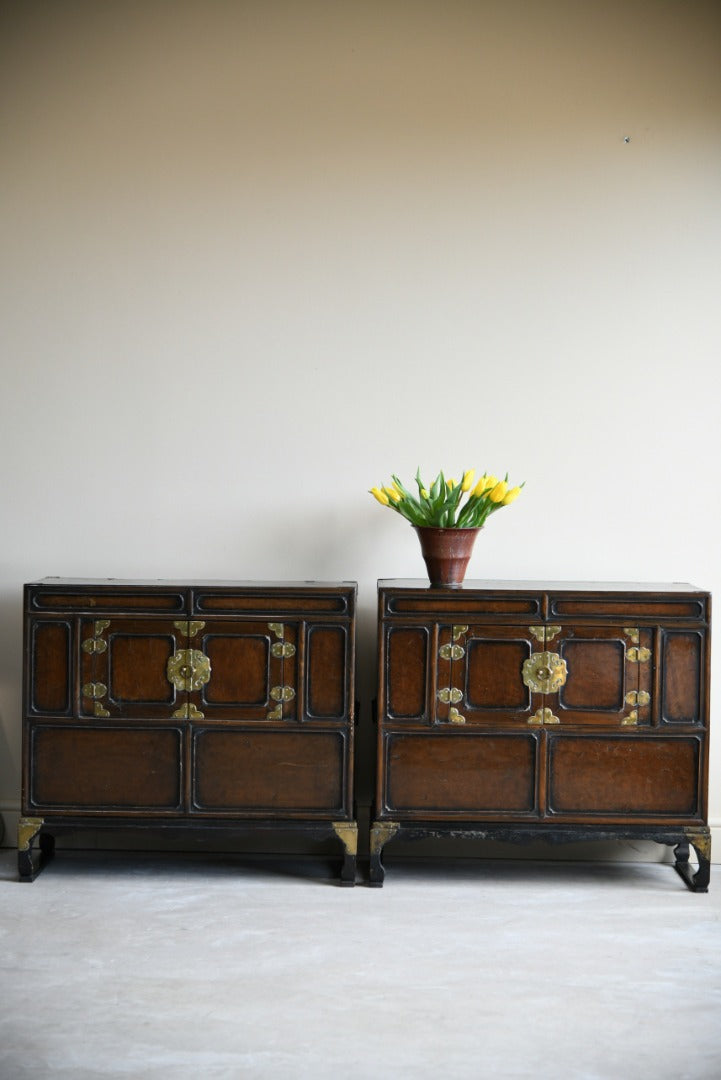 Pair Korean Stained Wood Nong Side Cabinets