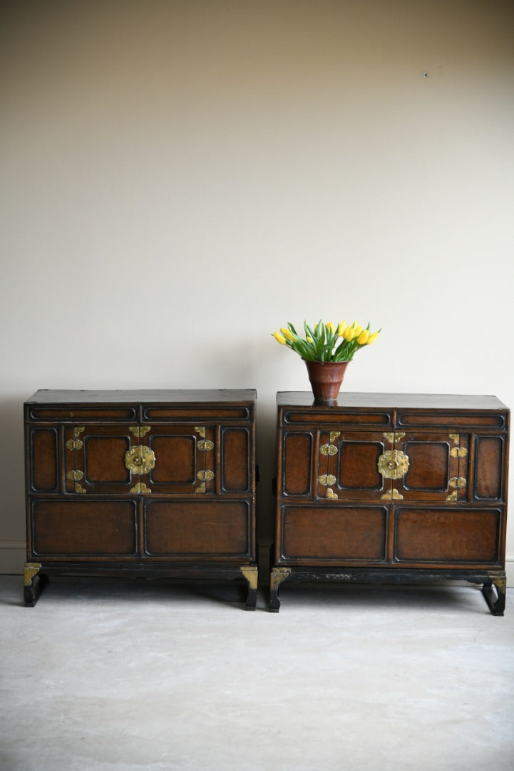 Pair Korean Stained Wood Nong Side Cabinets