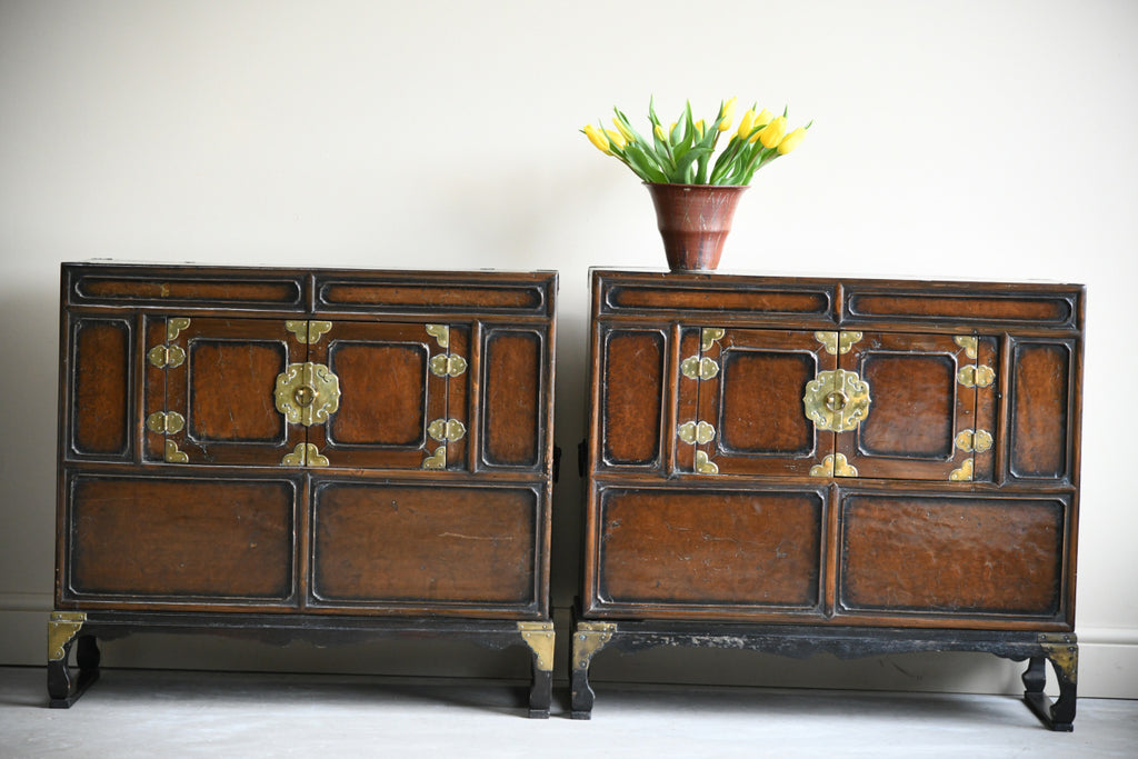 Pair Korean Stained Wood Nong Side Cabinets