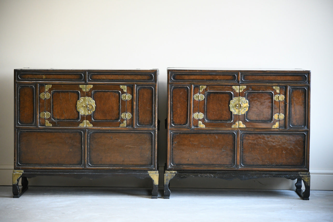 Pair Korean Stained Wood Nong Side Cabinets