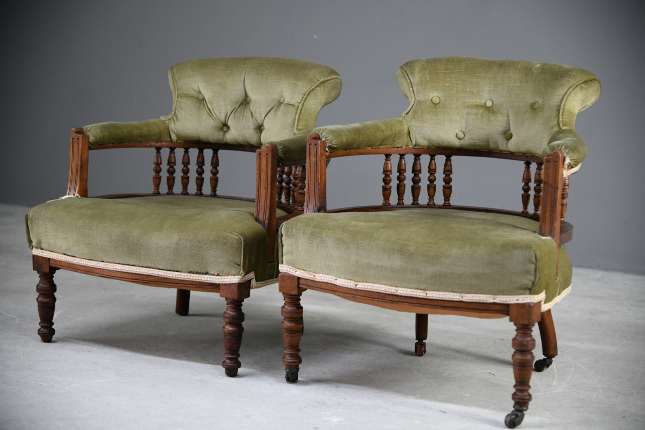 Pair Green Upholstered Tub Chairs