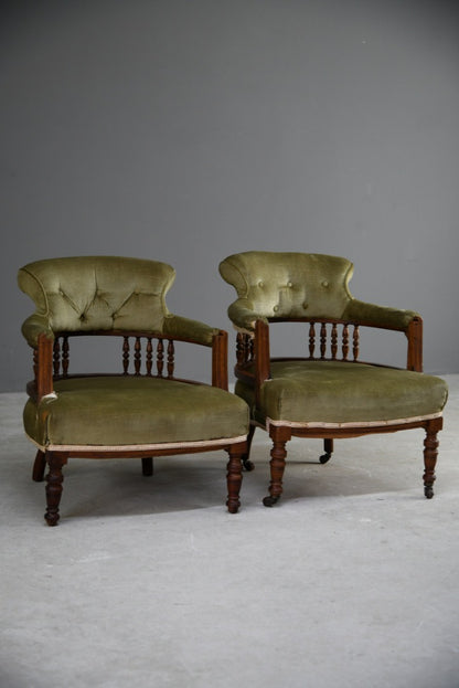 Pair Green Upholstered Tub Chairs