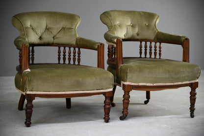 Pair Green Upholstered Tub Chairs