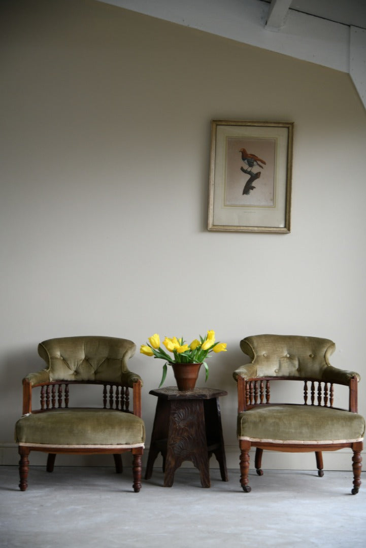 Pair Green Upholstered Tub Chairs