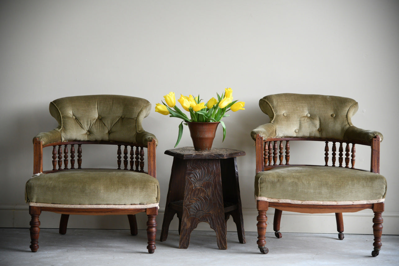 Pair Green Upholstered Tub Chairs