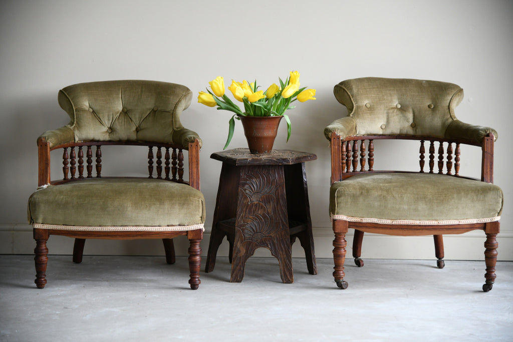Pair Green Upholstered Tub Chairs