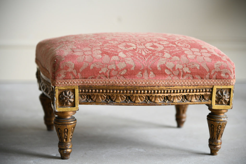 Antique Gilt Wood Small Upholstered Pink Stool