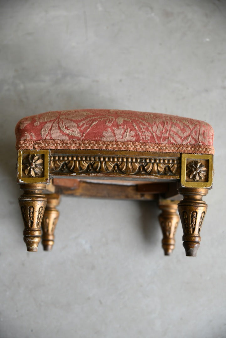 Antique Gilt Wood Small Upholstered Pink Stool