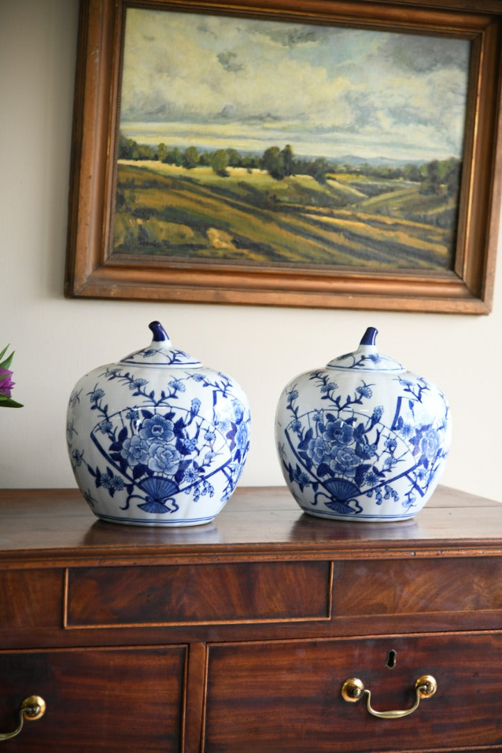 Pair Blue and White Oriental Pumpkin Ginger Jars