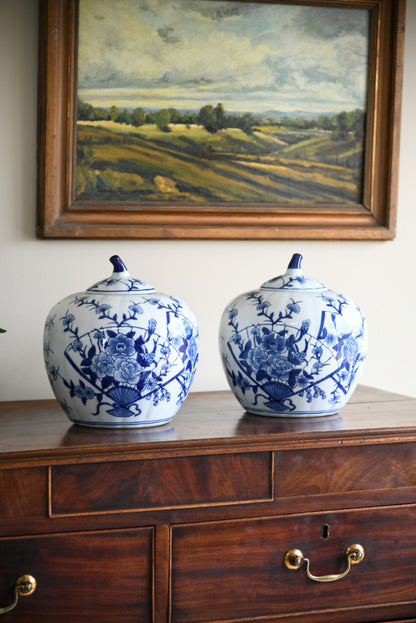 Pair Blue and White Oriental Pumpkin Ginger Jars