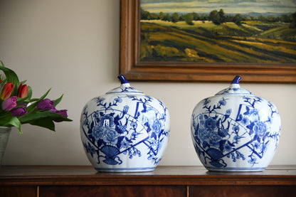 Pair Blue and White Oriental Pumpkin Ginger Jars