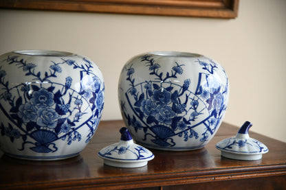 Pair Blue and White Oriental Pumpkin Ginger Jars