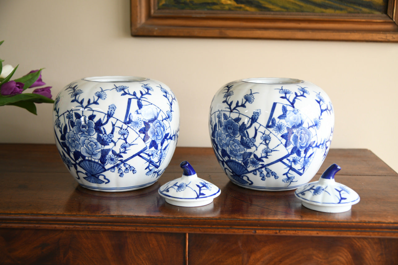 Pair Blue and White Oriental Pumpkin Ginger Jars