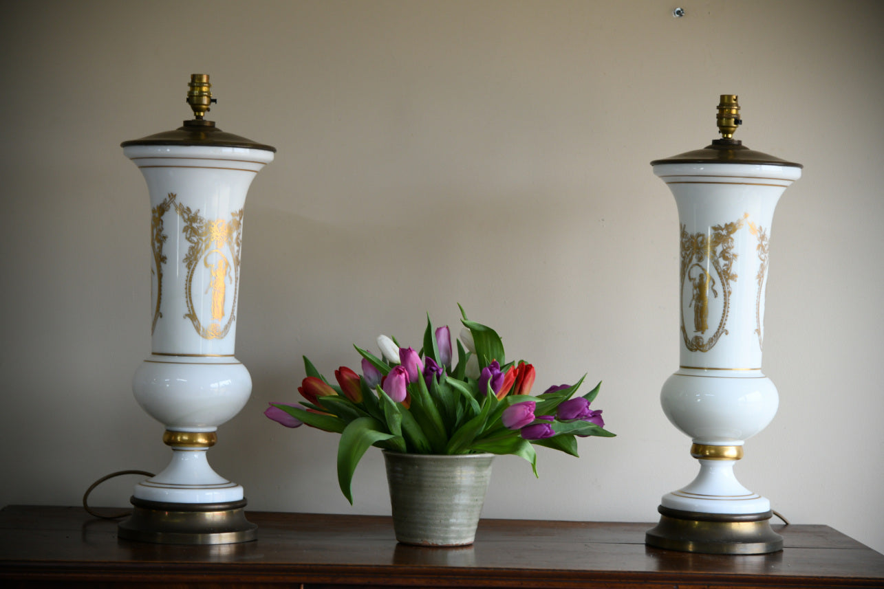 Pair White Glass Table Lamps