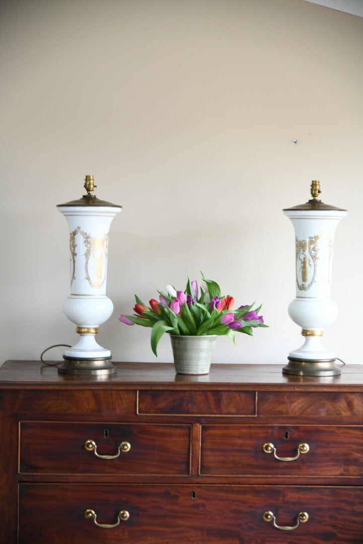 Pair White Glass Table Lamps