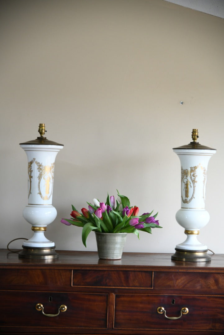 Pair White Glass Table Lamps