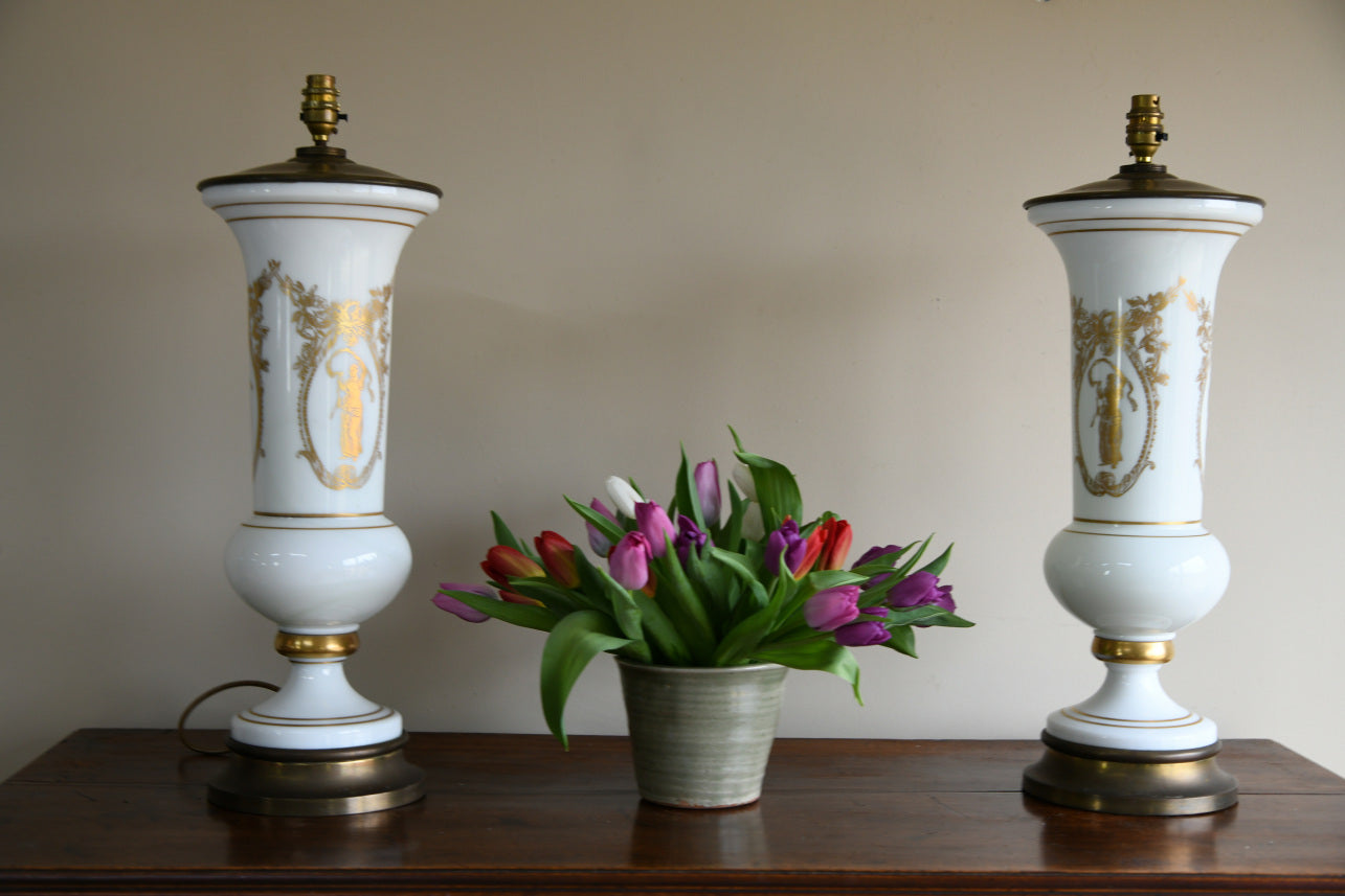 Pair White Glass Table Lamps