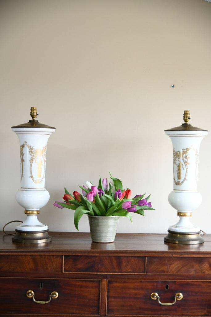 Pair White Glass Table Lamps