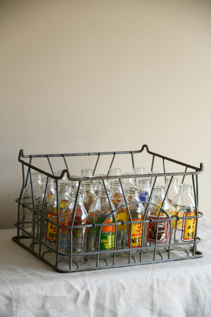 Crate of Vintage Glass Milk Bottles