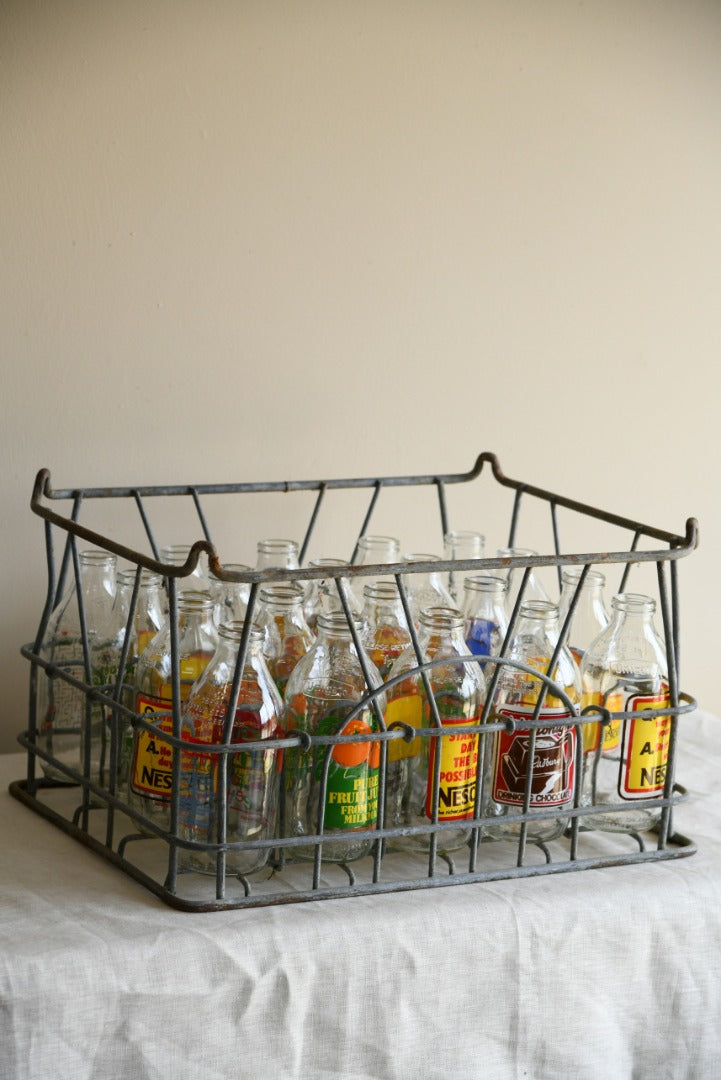 Crate of Vintage Glass Milk Bottles