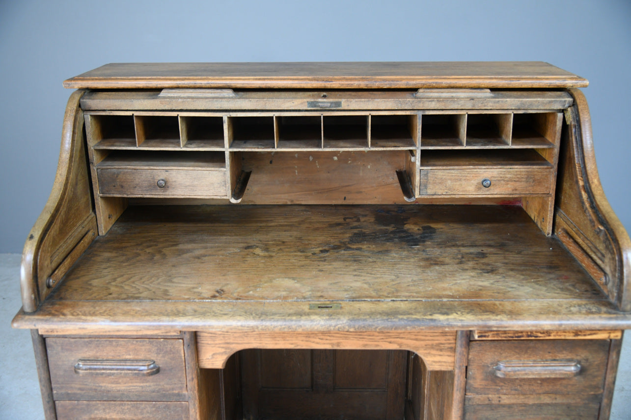 Edwardian Oak Roll Top Tambour Desk