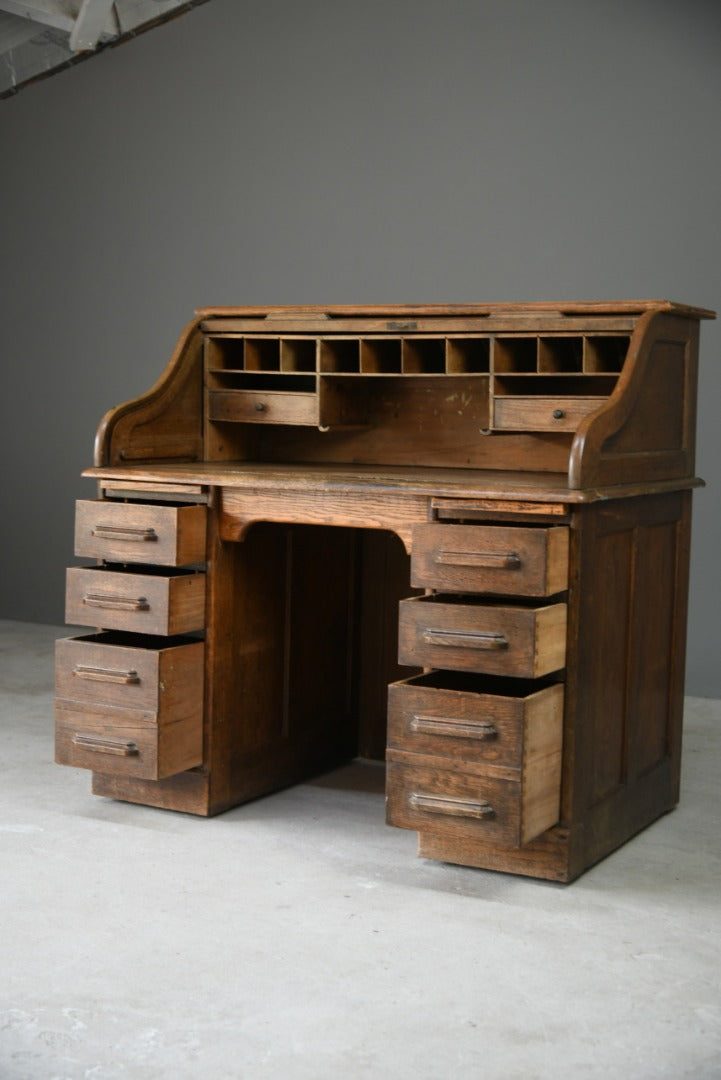 Edwardian Oak Roll Top Tambour Desk